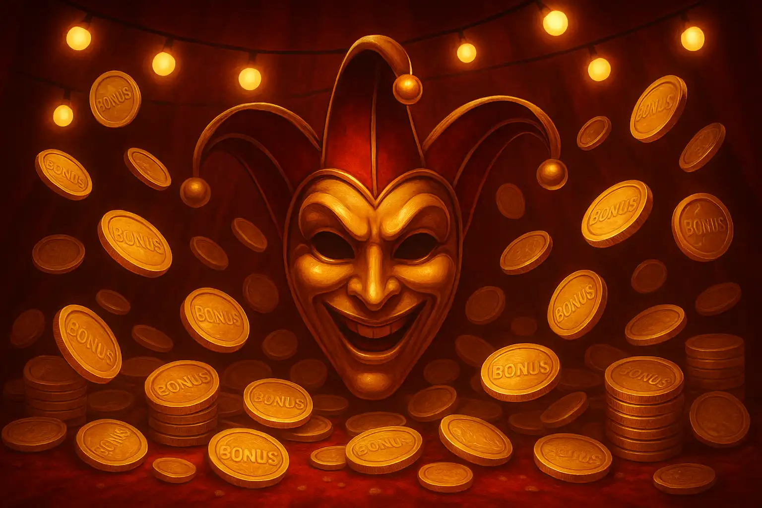 Golden bonus coins and a joker mask surrounded by carnival lights at JokerTipp Casino