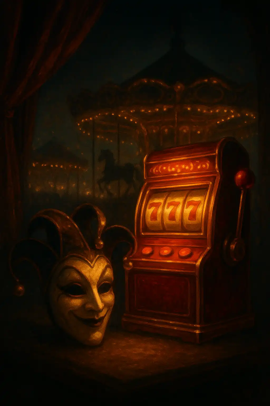 Joker masque and glowing slot reels at a midnight carnival, hero illustration for JokerTipp Casino