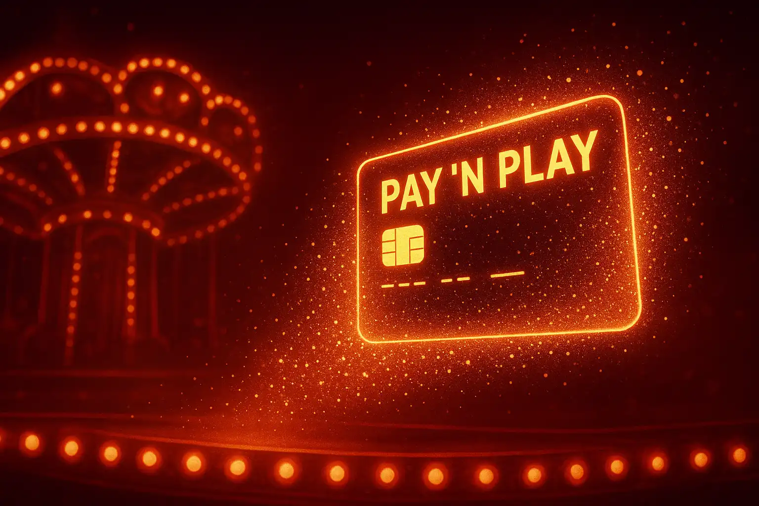 Bank card and glowing carousel lights representing instant Pay n Play deposits at JokerTipp Casino