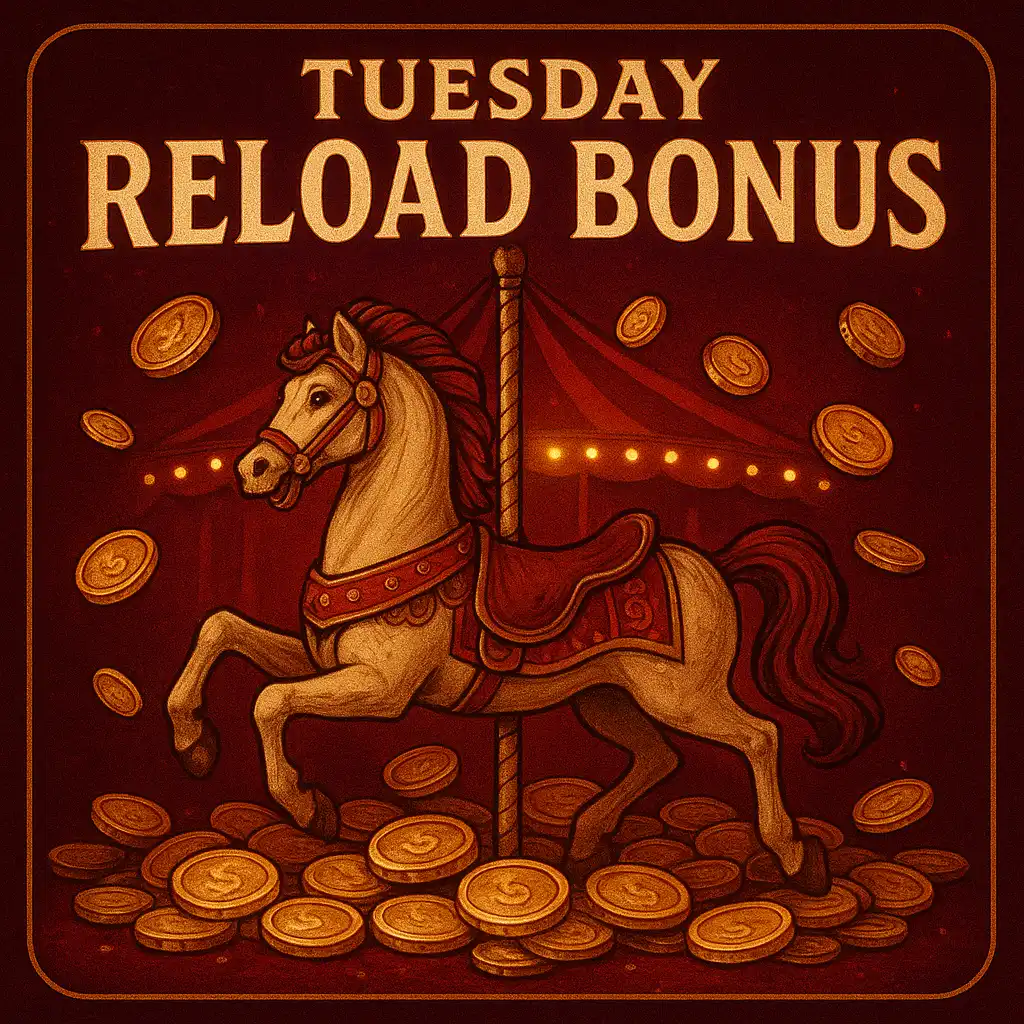 Carousel horse and gold coins illustrating the reload Tuesday promotion