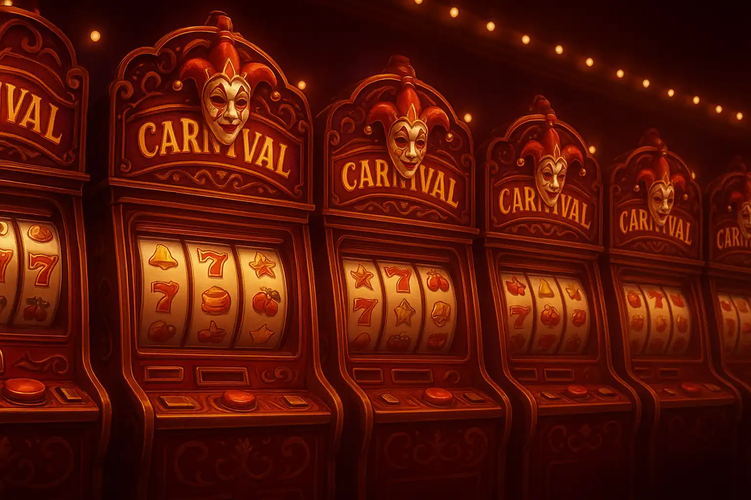 Rows of glowing carnival slot machines with joker mask decorations at JokerTipp Casino