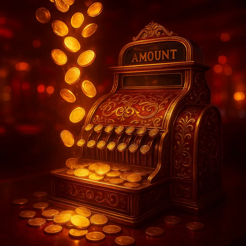 Glowing gold coins pouring into a carnival cash register